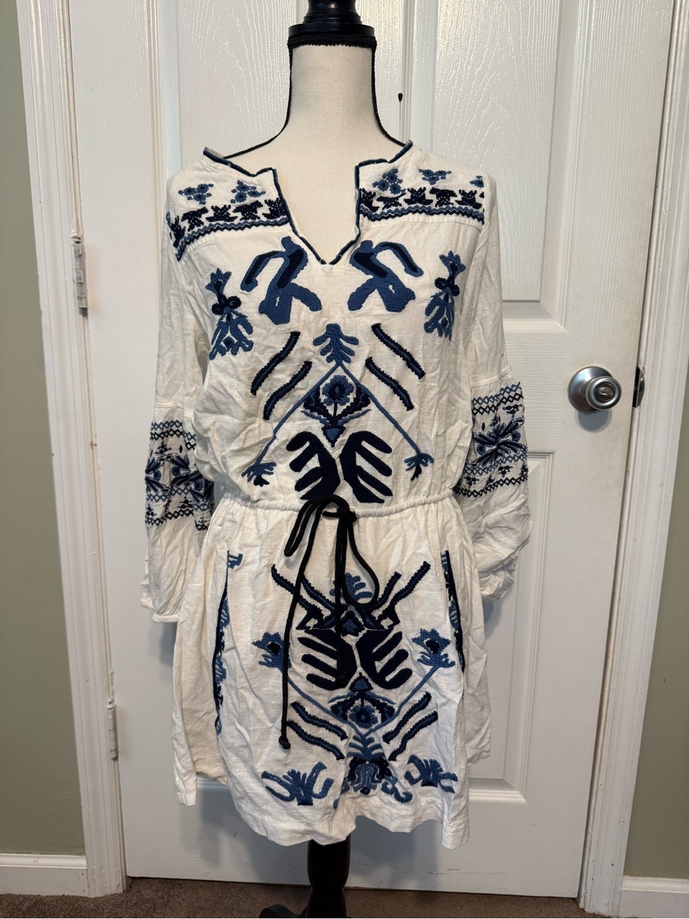 Free People Embroidered White Mini Dress with Navy Detail